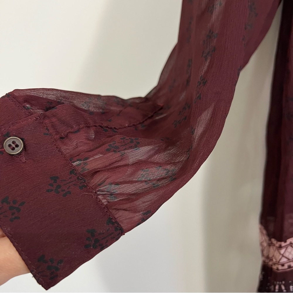 Knox Rose Boho Tunic Top Size 1X Maroon Sheer Collarless Long Sleeve Henley - Picture 8 of 14